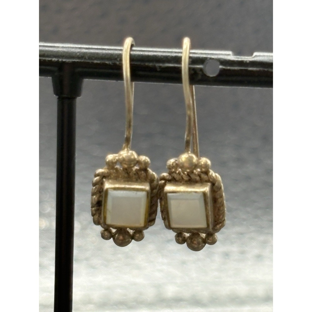Vintage Sterling Silver Mother Pearl Dangle Earrings 925 F1